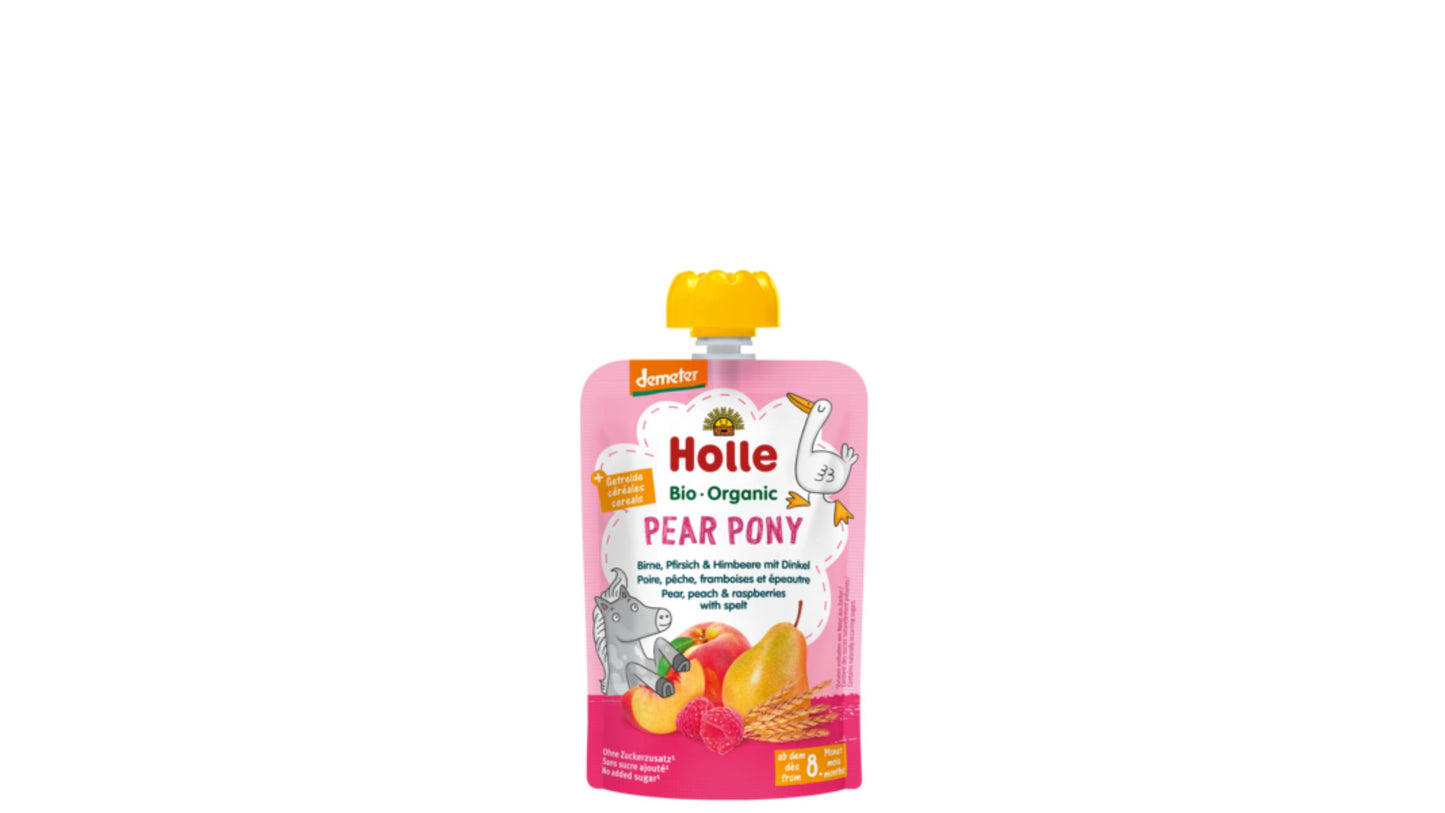 Holle, Pouch Pear Pony - Pear Peach Raspberries Spelt (8M) 100G Bio