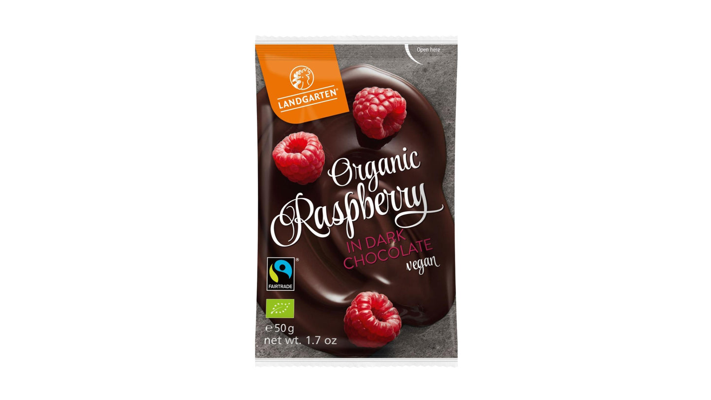 LANDGARTEN, RASPERRIES IN DARK CHOCOLATE 50G BIO