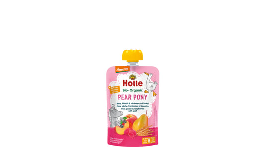 Holle, Pouch Pear Pony - Pear Peach Raspberries Spelt (8M) 100G Bio