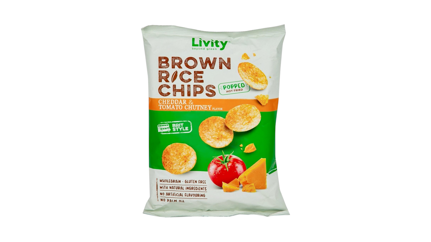 Livity, Brown Rice Chips Cheddar Tomato Chutney 60G