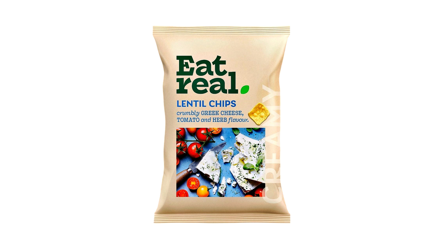 EAT REAL, LENTIL CHIPS GREEK CHEESE TOMATO HERBS 95G