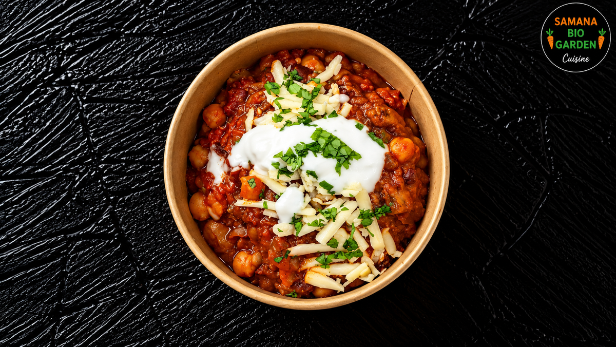 Vegan Three-Bean Chilli on Jacket Sweet Potato
